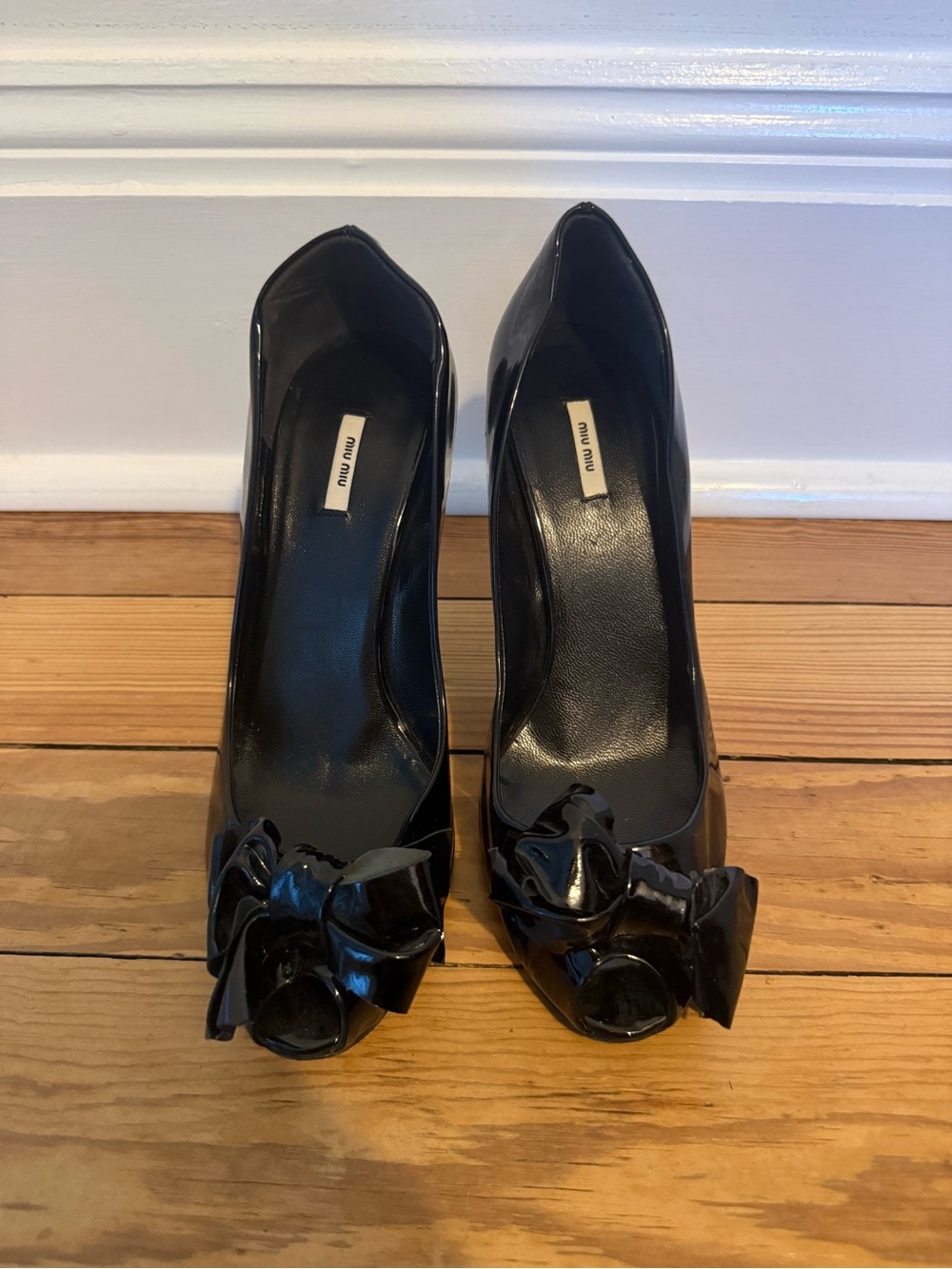 Miu Miu Black Patent Peep-Toe Heels with Sculpted Bow